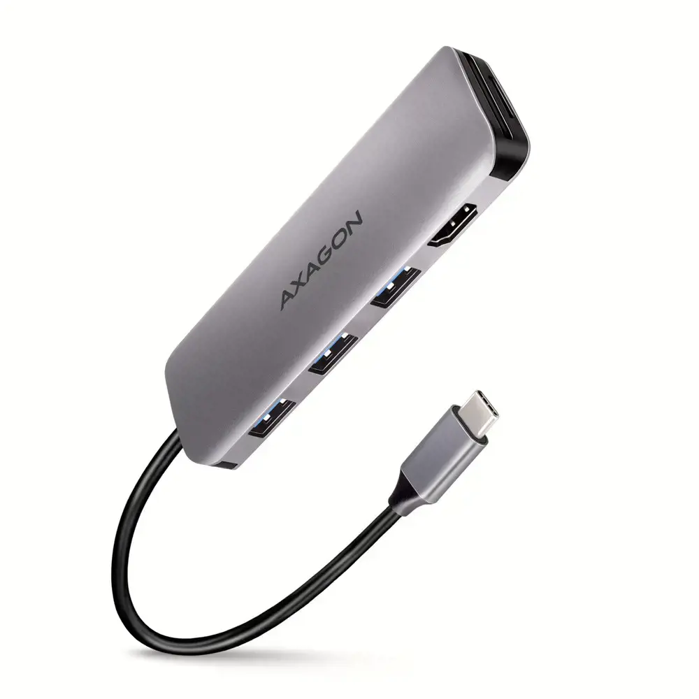 "Axagon" kelių prievadų USB 3.2 Gen 1 šakotuvas. HDMI, kortelių skaitytuvas ir trys USB-A išvestys. USB-C 20 cm ilgio kabelis.