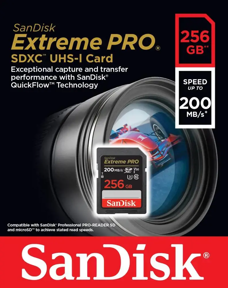 "SanDisk Extreme PRO" 256GB SDXC atminties kortelė + 2 metų "RescuePRO Deluxe" iki 200MB/s ir 140MB/s skaitymo/rašymo greitis, UHS-I, 10 klasė, U3, V30; EAN:619659188658