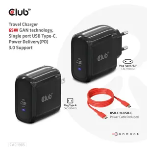 CLUB3D Travel Charger 65W GAN technology, Single port USB Type-C, Power Delivery(PD) 3.0 Support, Indoor, AC, Black