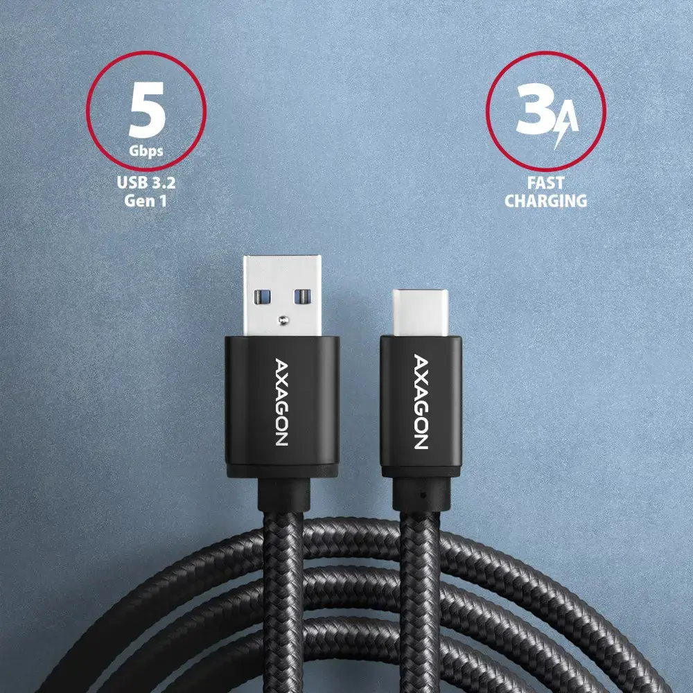 Axagon Duomenų perdavimo ir įkrovimo USB 3.2 Gen1 kabelis, ilgis 1,5 m. 3A. Juodos spalvos pintas.