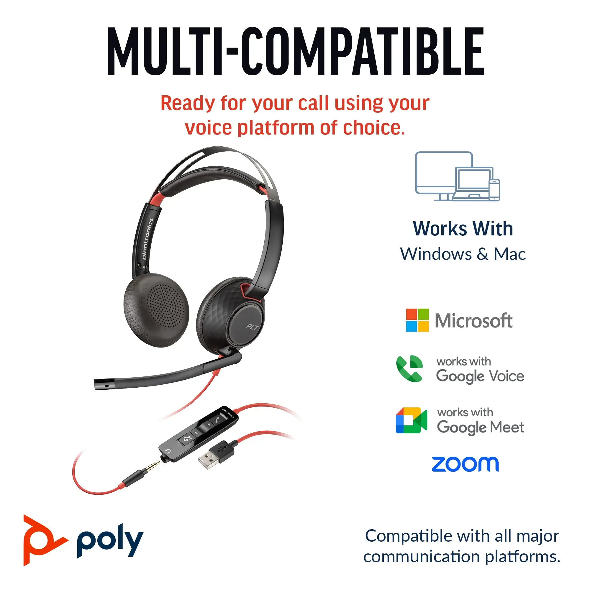 POLY Blackwire 5220 Stereo USB-C Headset +3.5mm Plug +USB-C/A Adapter, Wired, Business/Everyday, 162.5 g, Headset, Black