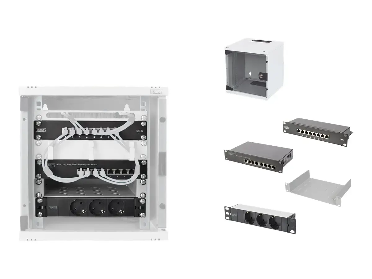"Digitus" 10" tinklo komplektas, 6U spintelė, lentyna, PDU, 8 prievadų komutatorius, CAT 6 komutacinis skydelis, pilkas Digitus .DN-10-SET-1