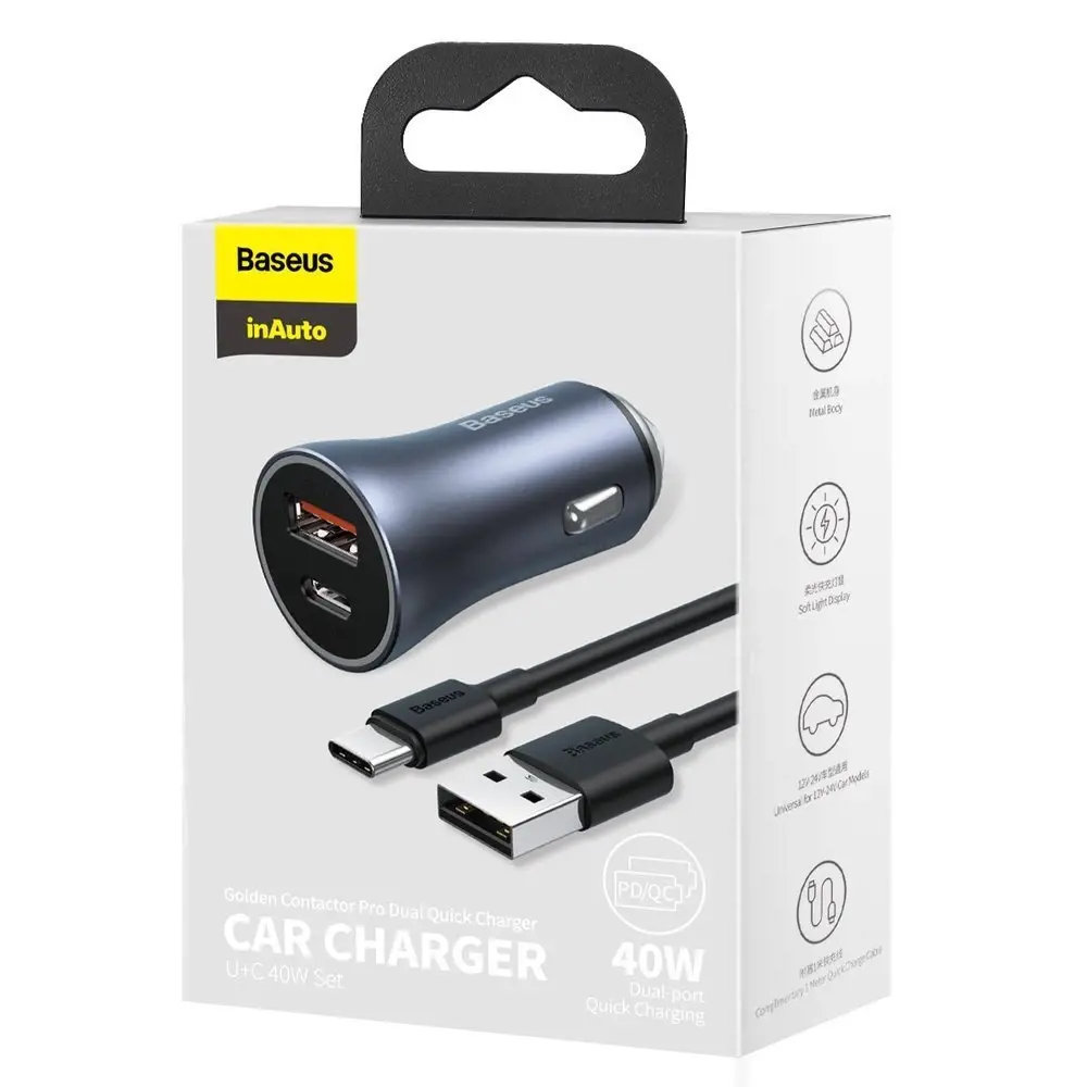 Baseus TZCCJD-0G Golden Contactor Car Charger Dual Quick Charger USB 40W Dark Grey