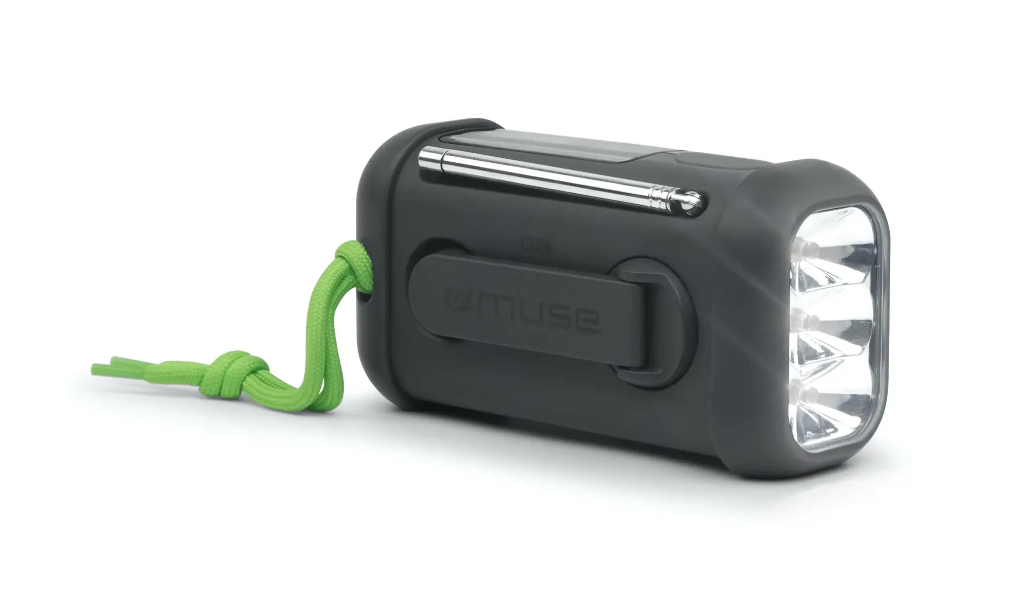 "Muse" nešiojamas saulės radijo imtuvas su rankenėle ir žibintuvėliu