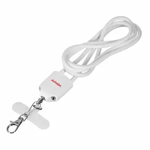 Activejet lanyard with 3-in-1 charging cable, white. Ends with various connectors: USB-C, Lightning…
