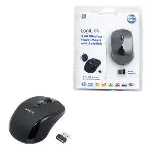 Logilink Maus optisch Funk 2,4 GHz belaidis, juoda, 2,4GH belaidė mini pelė su automatiniu susiejimu