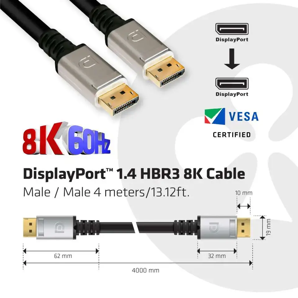 CLUB3D DisplayPort 1.4 HBR3 8K Cable M/M 4m /13.12ft, 4 m, DisplayPort, DisplayPort, Male, Male, 7680 x 4320 pixels