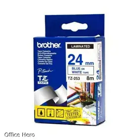 Brother laminuota juosta 24 mm, mėlyna ant baltos spalvos, TZe, terminis perkėlimas, Brother, PT-2430PC, PT-2700, PT-2730, PT-9600, PT-9700PC, PT-9800PCN, 2,4 cm