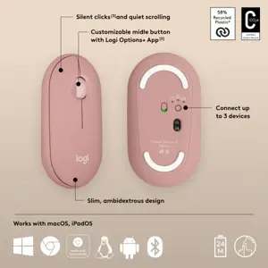 Logitech Pebble 2 M350s, Ambidextrous, Optical, RF Wireless + Bluetooth, 4000 DPI, White