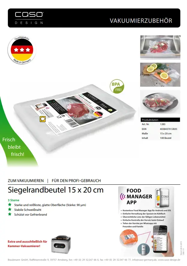 Caso struktūrizuoti maišeliai vakuuminiam sandarinimui 01283 100 maišelių, matmenys (plotis x ilgis) 15 x 20 cm