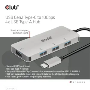 CLUB3D USB Gen2 Type-C to 10Gbps 4x USB Type-A Hub, USB 3.2 Gen 2 (3.1 Gen 2) Type-C, USB 3.2 Gen 2 (3.1 Gen 2) Type-A, 10000 Mbit/s, Black, Silver, Round cable, 0.262 m