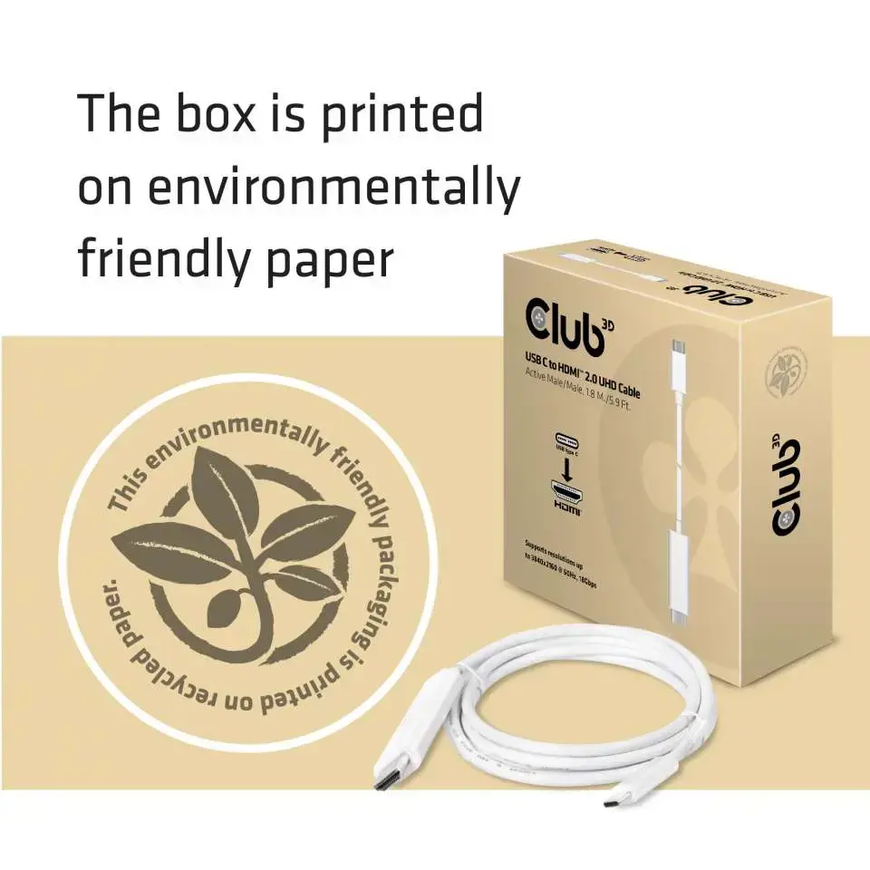 CLUB3D USB C to HDMI™ 2.0 UHD Cable Active 1.8 M./5.9 Ft., USB C, HDMI 2.0, 1.8 m, White