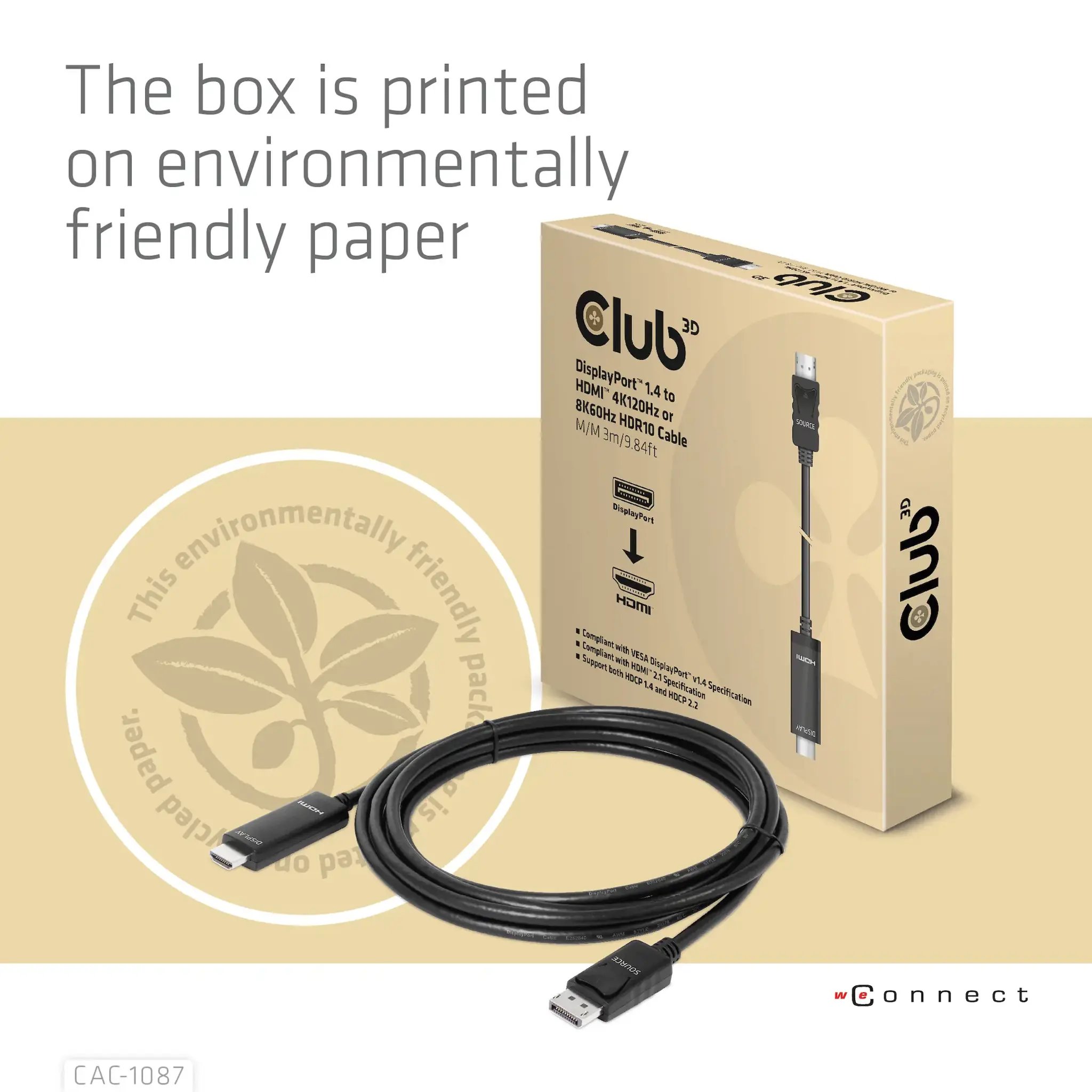 CLUB3D DisplayPort 1.4 to HDMI 4K120Hz or 8K60Hz HDR10 Cable M/M 3m/9.84ft, 3 m, DisplayPort, HDMI, Male, Male, Straight