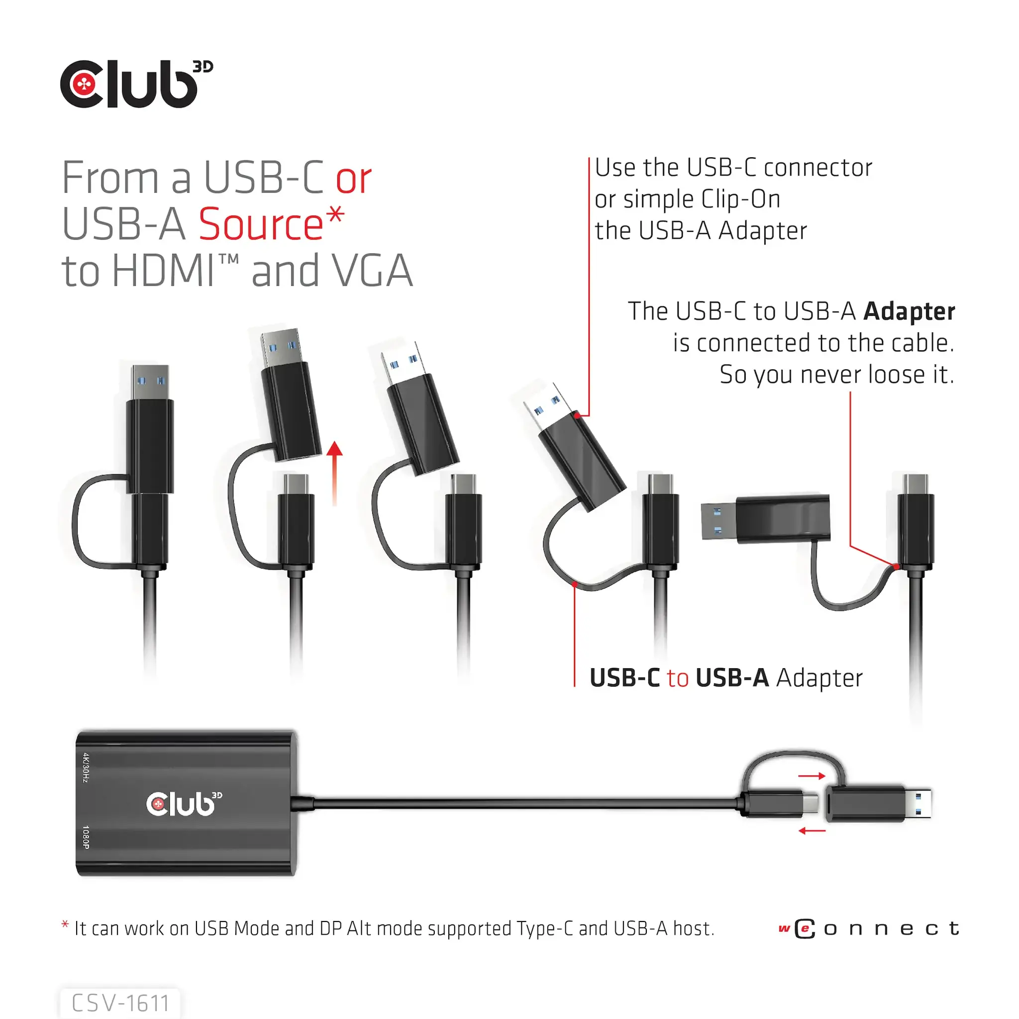 CLUB3D USB Gen1 Type-C/-A to Dual HDMI (4K/30Hz) / VGA (1080/60Hz), 0.22 m, USB Type-C, HDMI + VGA (D-Sub), Male, Female, Straight