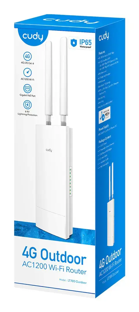 Cudy Indoor/Outdoor 4G Cat 6 AC1200 Wi-Fi Router, LT700 Outdoor 1.0 wireless router Gigabit Ethernet Dual-band (2.4 GHz / 5 GHz) White