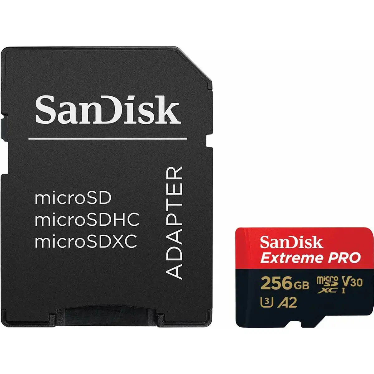 "SanDisk Extreme PRO microSDXC 256GB + SD adapteris + 2 metų "RescuePRO Deluxe" iki 200MB/s ir 140MB/s skaitymo/rašymo greitis A2 C10 V30 UHS-I U3; EAN:619659188542