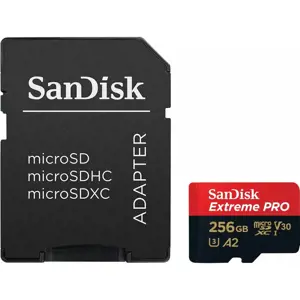 "SanDisk Extreme PRO microSDXC 256GB + SD adapteris + 2 metų "RescuePRO Deluxe" iki 200MB/s ir 140MB/s skaitymo/rašymo greitis A2 C10 V30 UHS-I U3; EAN:619659188542
