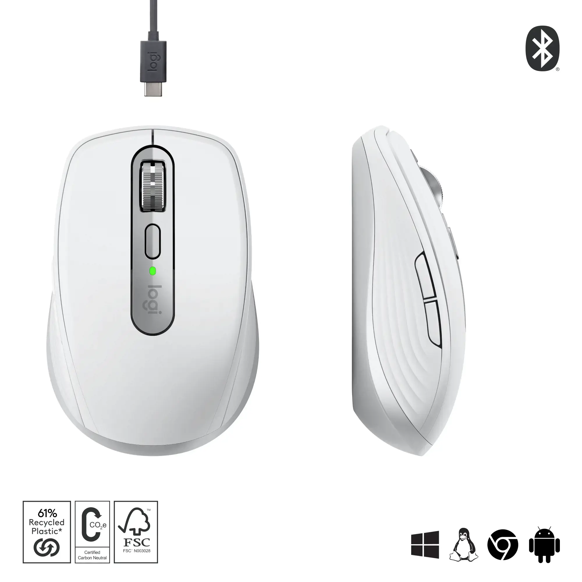"Logitech MX Anywhere 3S", dešinioji ranka, lazerinis, RF belaidis + "Bluetooth", 8000 DPI, pilkas, baltas