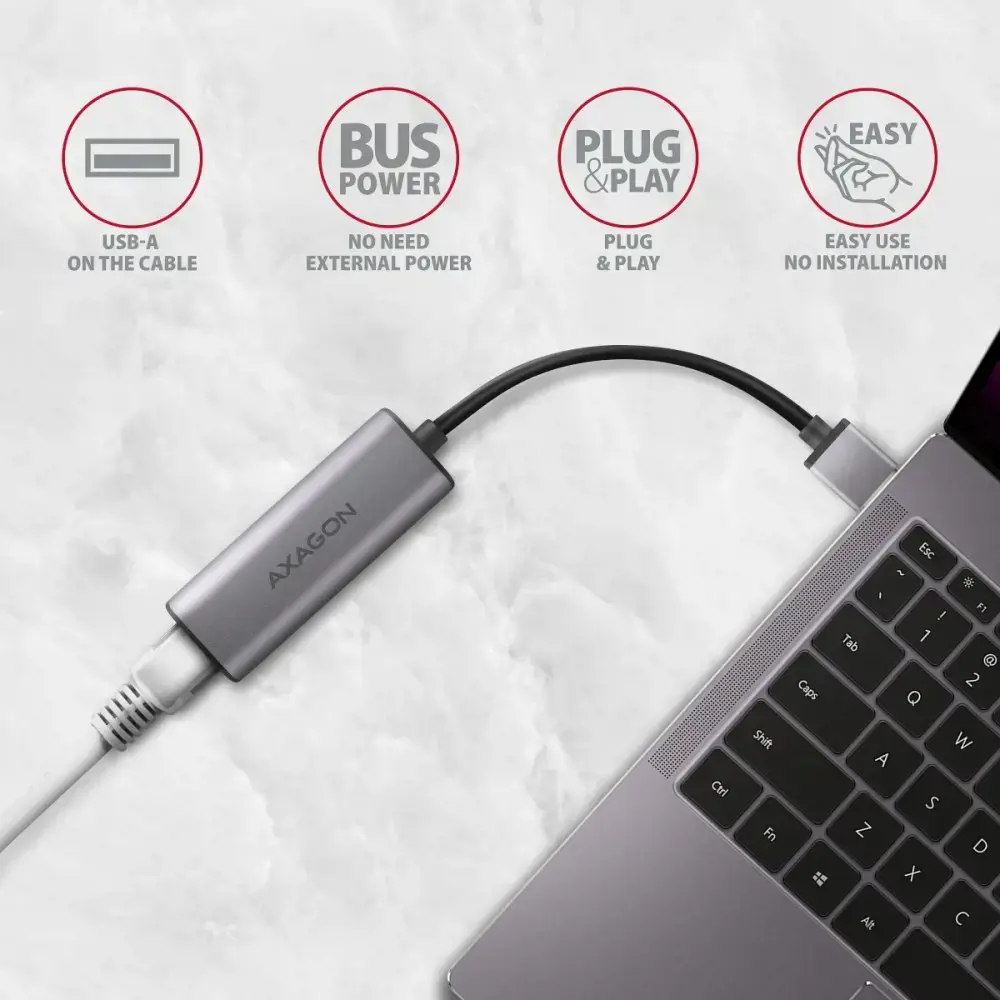 Axagon ADE-25R SUPERSPEED USB-A 2.5 GIGABIT ETHERNETKompaktiškas aliuminio USB-A 3.2 Gen 1 2.5 Gigabit Ethernet 10/100/1000/2500 Mbps adapteris su automatiniu diegimu.