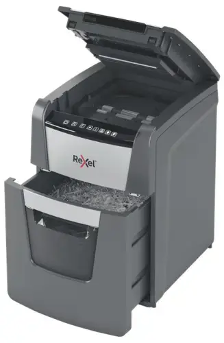 Rexel Optimum AutoFeed+ 100X Dokumentų naikiklis Cross Cut 4x28mm P-4 34L 55 dBA, Pilka/Juoda