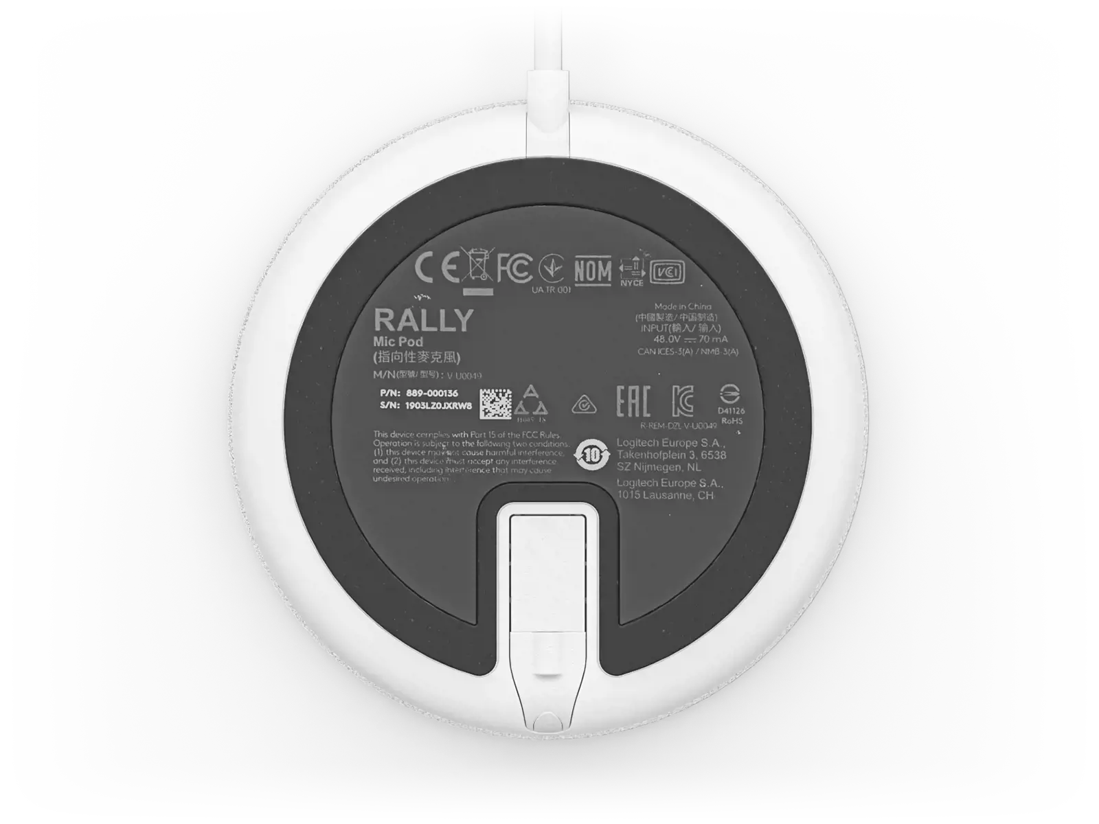 "Logitech Rally Mic Pod", stalinis mikrofonas, -27 dB, 90-16000 Hz, 48 kHz, visakryptis, 4,5 m