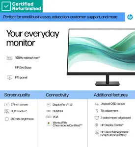 RENEW SILVER HP 327pf Series 3 Pro FHD Monitor - 27" 1920x1080 FHD 250-nit 100Hz AG, IPS, HDMI/VGA/DisplayPort, tilt, 1 years