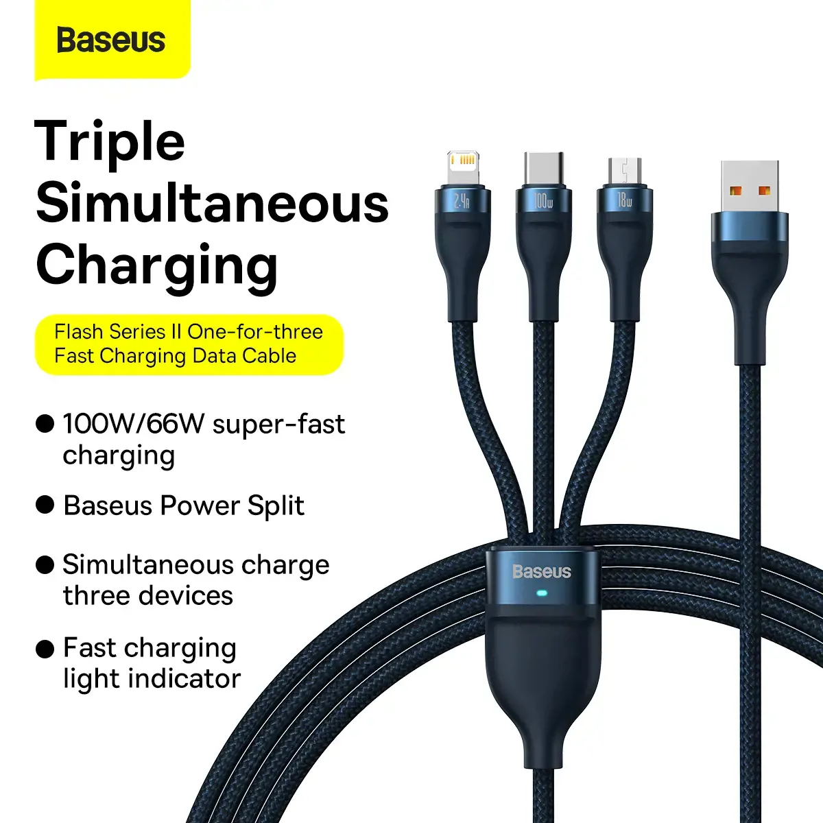 3in1 USB cable Baseus Flash Series, USB-C + micro USB + Lightning, 100W, 1.2m (blue)