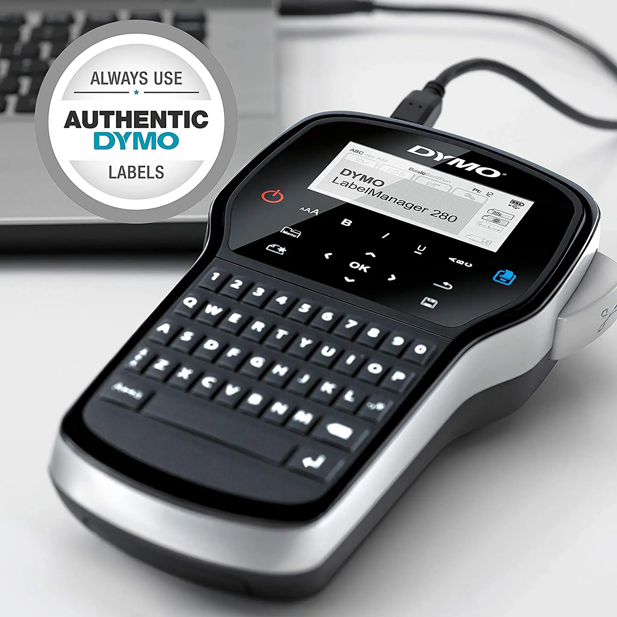 DYMO LabelManager 280 Label Maker | Rechargeable Handheld Label Printer with QWERTY Keyboard | Includes Black & White D1 Label Tape (12mm) | For Home & Office, QWERTY, D1, Thermal transfer, 180 x 180 DPI, 15 mm/sec, Black, Silver
