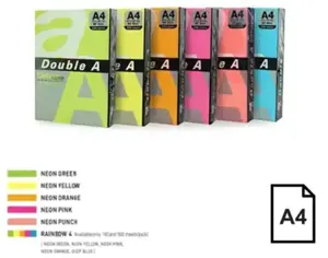 Spalvotas Neon popierius Double A, 75g, A4, 500 lapų, Rainbow 4 Neon Green, Neon Yellow, Neon Orange