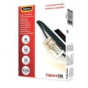 "Fellowes" A6 blizgus 125 mikronų laminavimo maišelis - 100 pakuočių, skaidrus, plastikinis, 160 mm, 118 mm, 1 mm, 100 vnt.