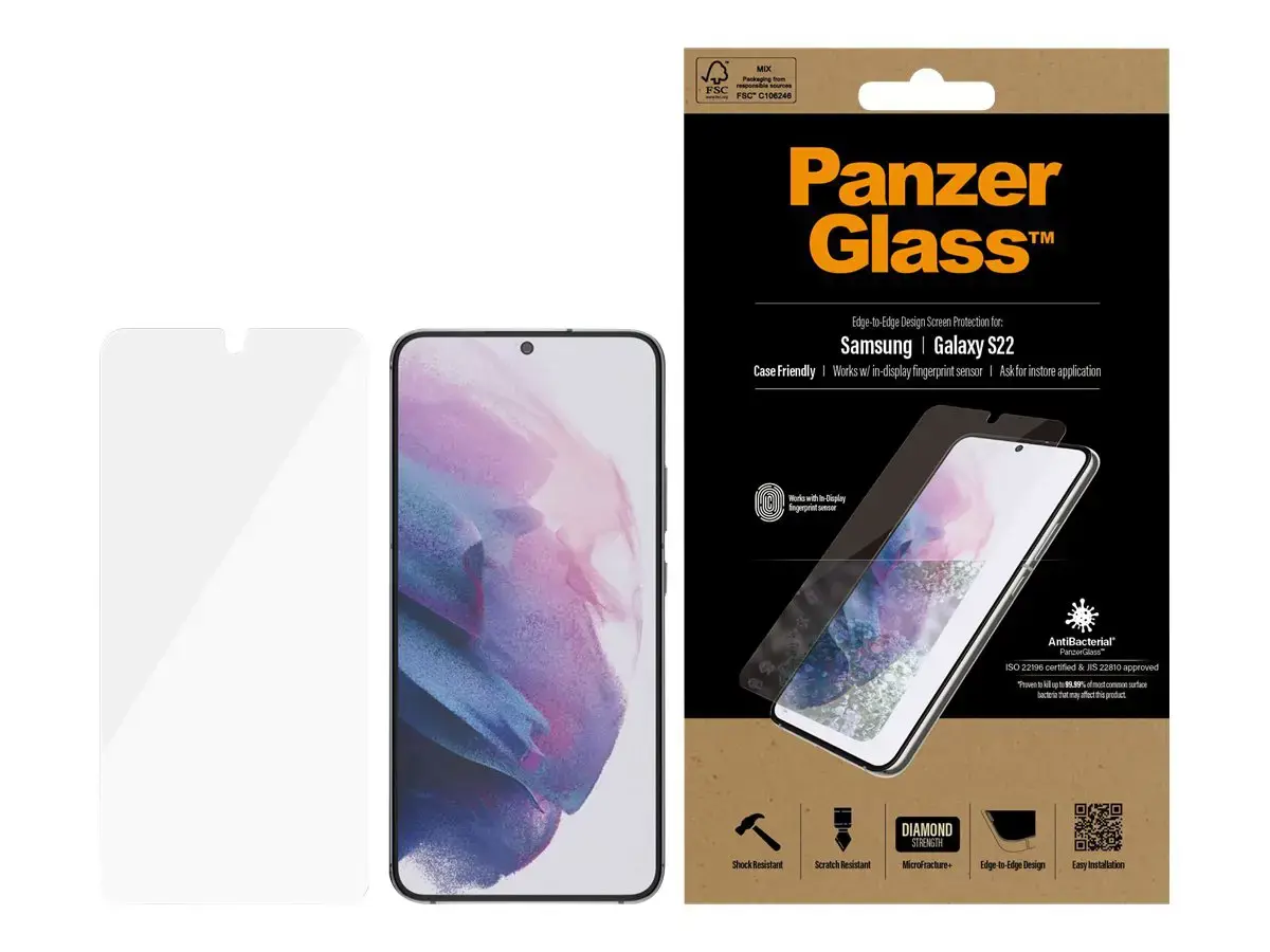 PanzerGlass™ UltraForce1 Samsung Galaxy S22 | Ekrano apsauga, Skaidri ekrano apsauga, Samsung, Samsung, Samsung - Galaxy S22, atspari įbrėžimams, atspari smūgiams, antibakterinė, skaidri, 1 vnt.