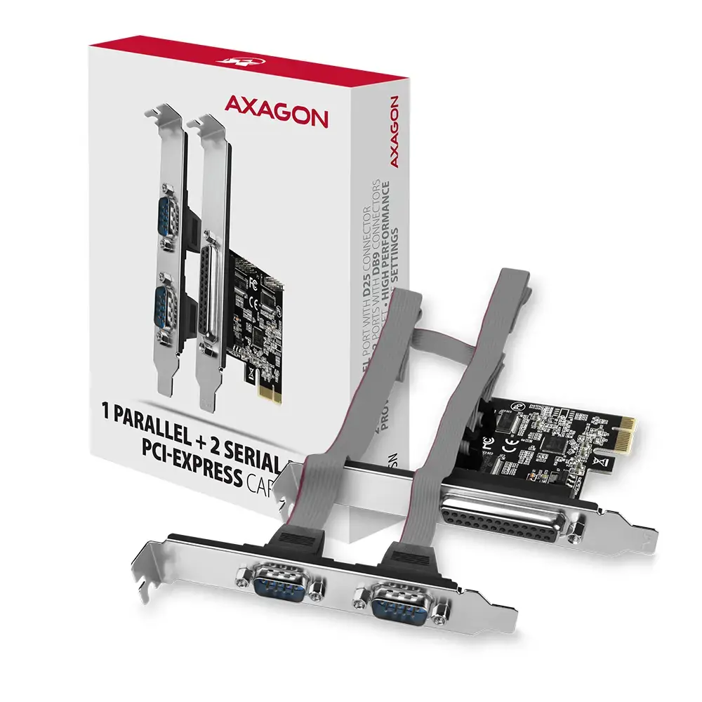 PCI-Express plokštė su vienu lygiagrečiuoju ir dviem nuosekliaisiais 250 kbps prievadais. ASIX AX99100. Standartinė ir žemo profilio.