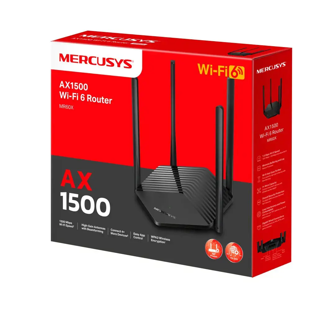 "Mercusys AX1500 WiFi 6" maršrutizatorius MR60X 802.11ax, 1201+300 Mbit/s, 10/100/1000 Mbit/s, Ethernet LAN (RJ-45) prievadai 2, Tinklelio palaikymas Ne, MU-MiMO Taip, Nėra mobiliojo plačiajuosčio ryšio, Antenos tipas Išorinė