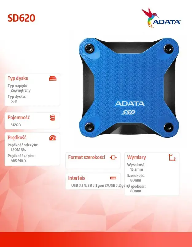 SSD diskas ADATA SD620-512GCBL 512 GB, USB 3.2 Gen 2 (3.1 Gen 2)