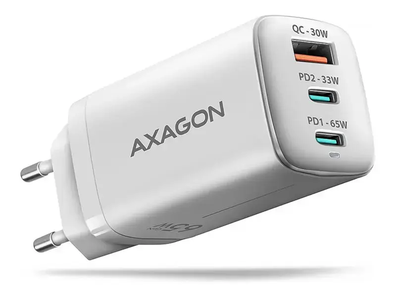 AXAGON ACU-DPQ65W GaN Wall charger, 3x port (USB + dual USB-C), PD3.0/QC4+/PPS/Apple, 65W, white