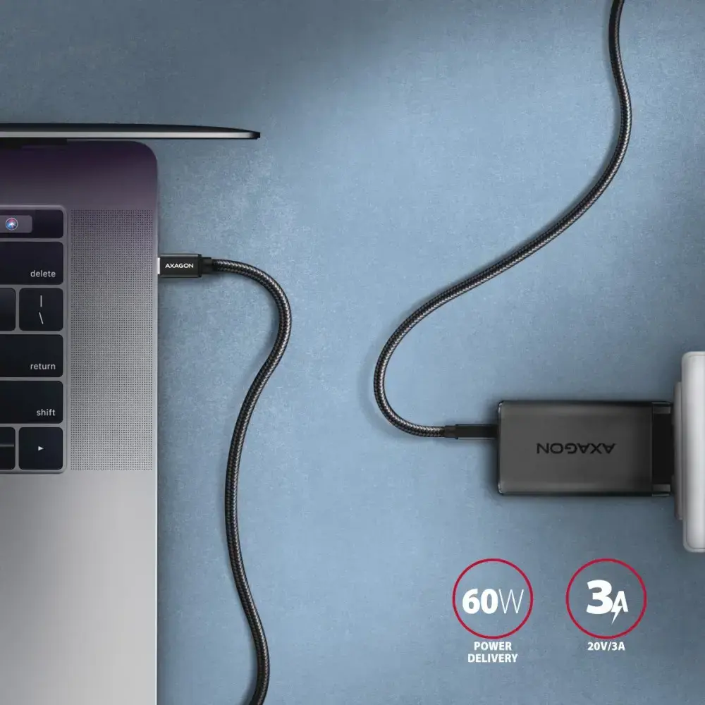 Axagon Duomenų perdavimo ir įkrovimo USB 3.2 Gen 1 kabelis, ilgis 1 m. PD 60 W, 3 A. Juodos spalvos pintas.
