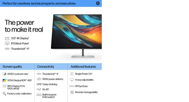 HP Series 7 Pro 31.5 inch 4K Thunderbolt 4 Monitor - 732pk, 80 cm (31.5"), 3840 x 2160 pixels, 4K Ultra HD, 5 ms, Black, Silver