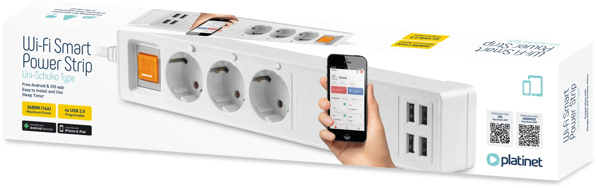 Platintuvas ilgintuvas 3 lizdai USB WiFi Tuya 1,8 m, baltas (45507)