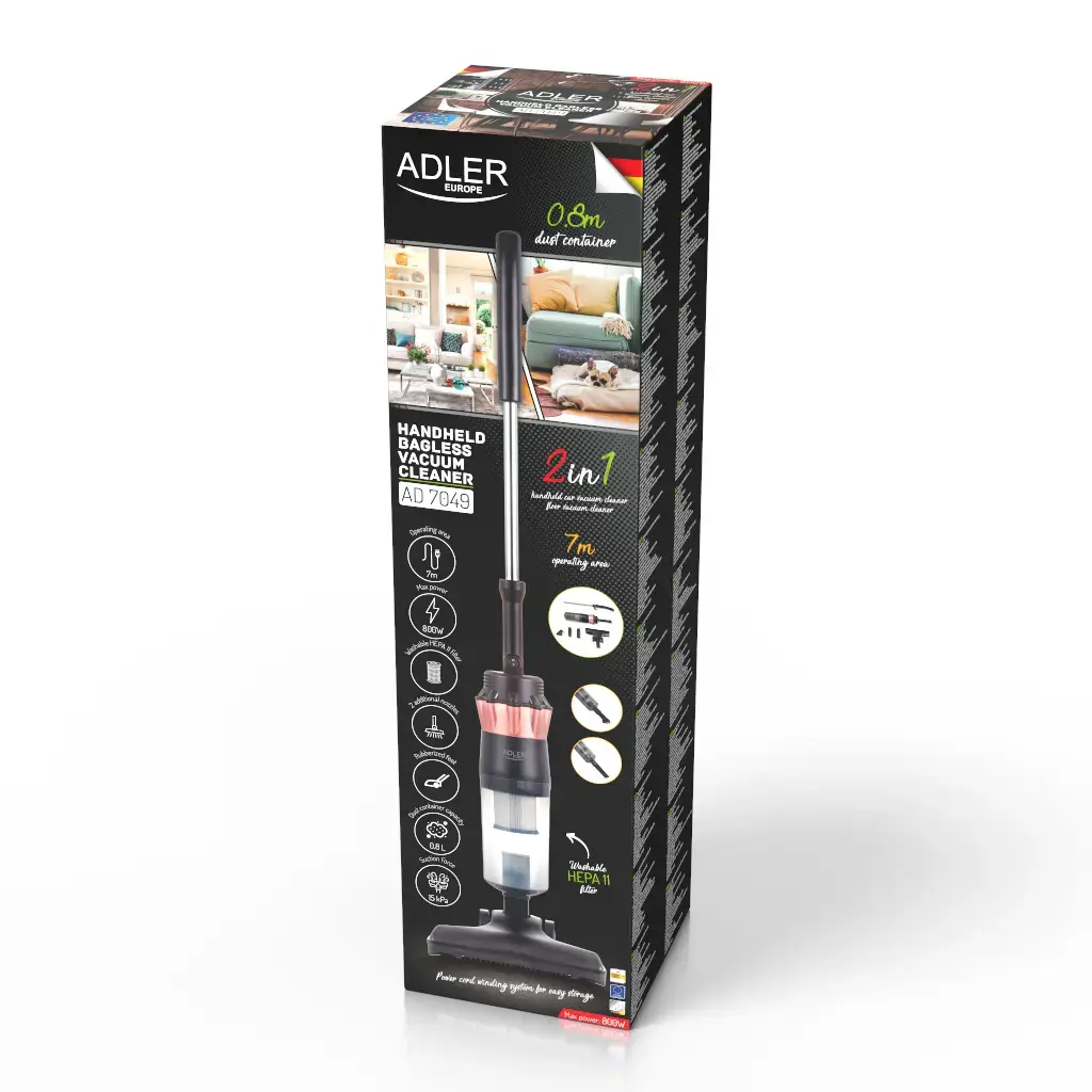 "Adler" dulkių siurblys AD 7049 Laidinis darbinis, rankinis 2in1, 600 W, - V, juodas, 24 mėn. garantija