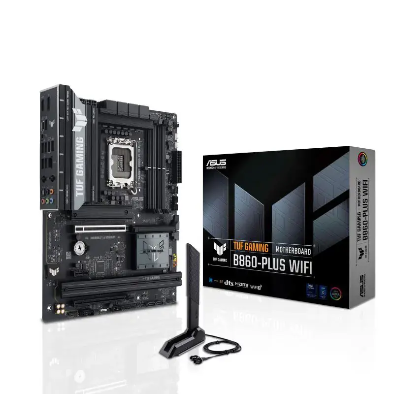 Mainboard ASUS Intel B860 Express LGA1851 ATX Memory DDR5 Memory slots 4 1xPCI-Express 4.0 1x 1xPCI-Express 4.0 16x 1xPCI-Express 5.0 16x 3xM.2 1xHDMI 1xDisplayPort 2xUSB 2.0 3xUSB 3.0 2xUSB 3.2 1xUSB-C 1xOptical S/PDIF 1xRJ45 5xAudio port TUFGAMINGB860-PLUSWIFI