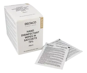 Rankų dezinfekcinės servetėlės paketėliuose DELTACO OFFICE 20 vnt, baltos / CK1039