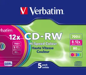 VERBATIM CD-RW 80 min. / 700 MB 8-12x 5 vnt. plonas korpusas "DataLife Plus", spalvotas