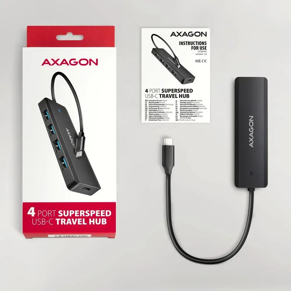 AXAGON HUE-C1C 4x USB3.2 Gen 1 Travel hub, USB-C power IN, w. 20cm Type-C cable