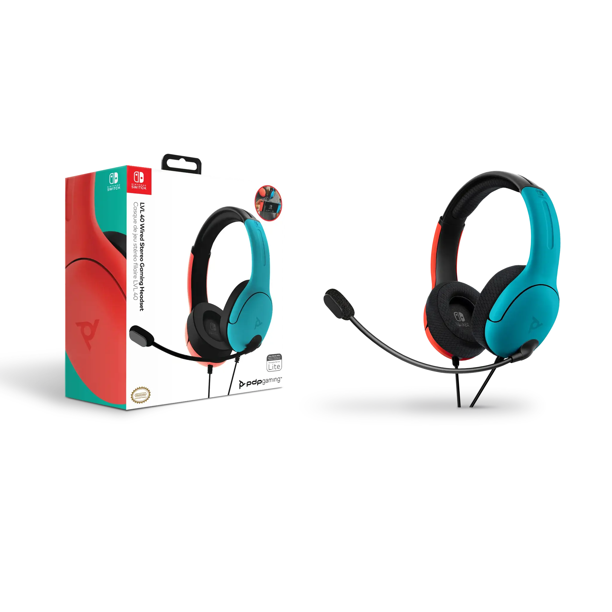 PDP Officially Licensed LVL 40 stereo headset (Switch and Switch Lite compatible), Wired, Gaming, 200 g, Headset, Black, Blue, Red