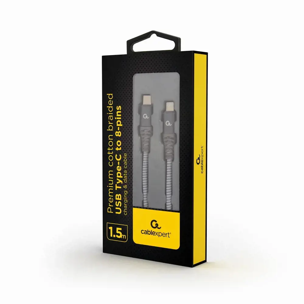 GEMBIRD CC-USB2B-CM8PM-1.5M Aukščiausios kokybės medvilninis pintas 1,5 m ilgio įkrovimo duomenų kabelis iš C tipo USB į 8 kontaktų