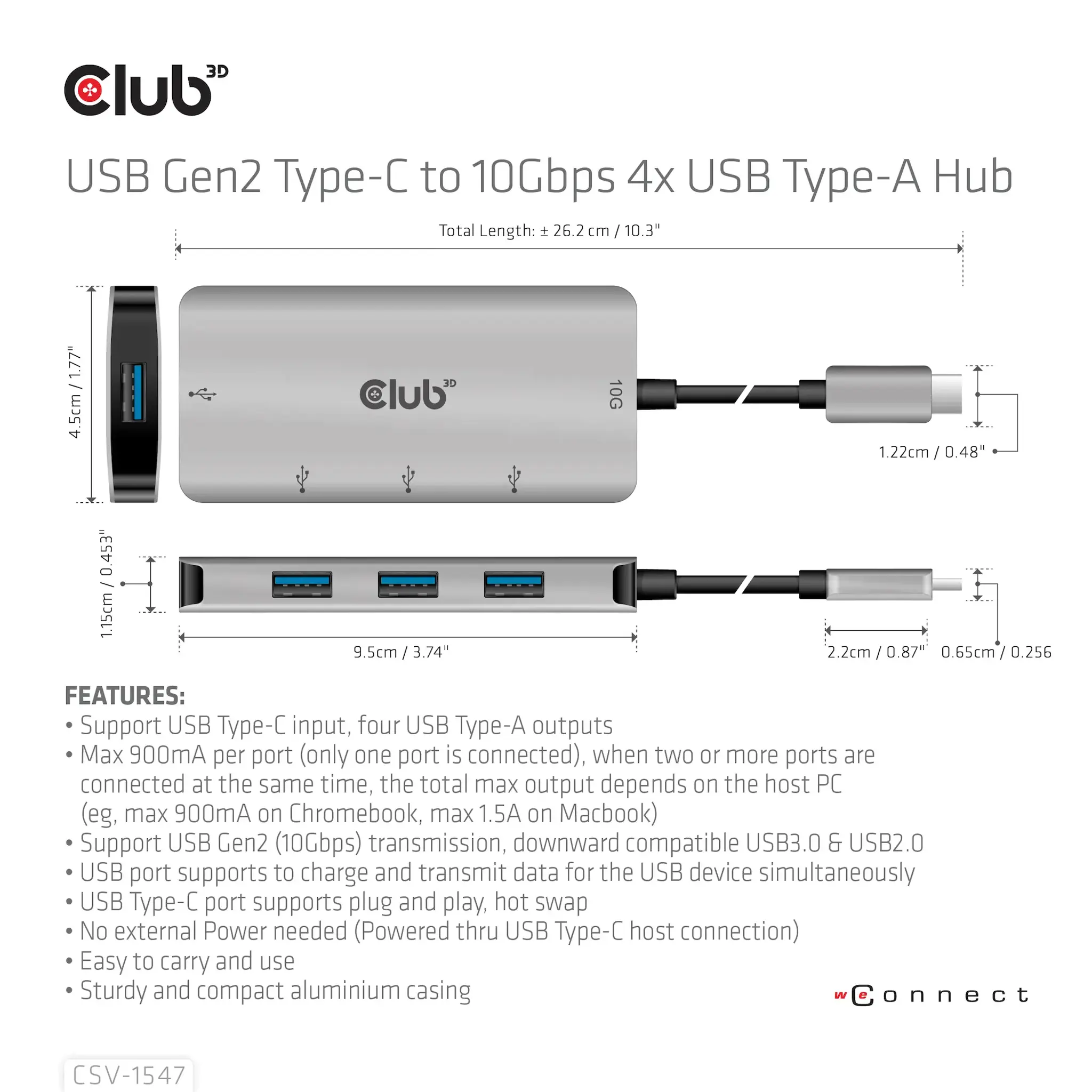 CLUB3D USB Gen2 Type-C to 10Gbps 4x USB Type-A Hub, USB 3.2 Gen 2 (3.1 Gen 2) Type-C, USB 3.2 Gen 2 (3.1 Gen 2) Type-A, 10000 Mbit/s, Black, Silver, Round cable, 0.262 m
