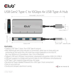 CLUB3D USB Gen2 Type-C to 10Gbps 4x USB Type-A Hub, USB 3.2 Gen 2 (3.1 Gen 2) Type-C, USB 3.2 Gen 2 (3.1 Gen 2) Type-A, 10000 Mbit/s, Black, Silver, Round cable, 0.262 m