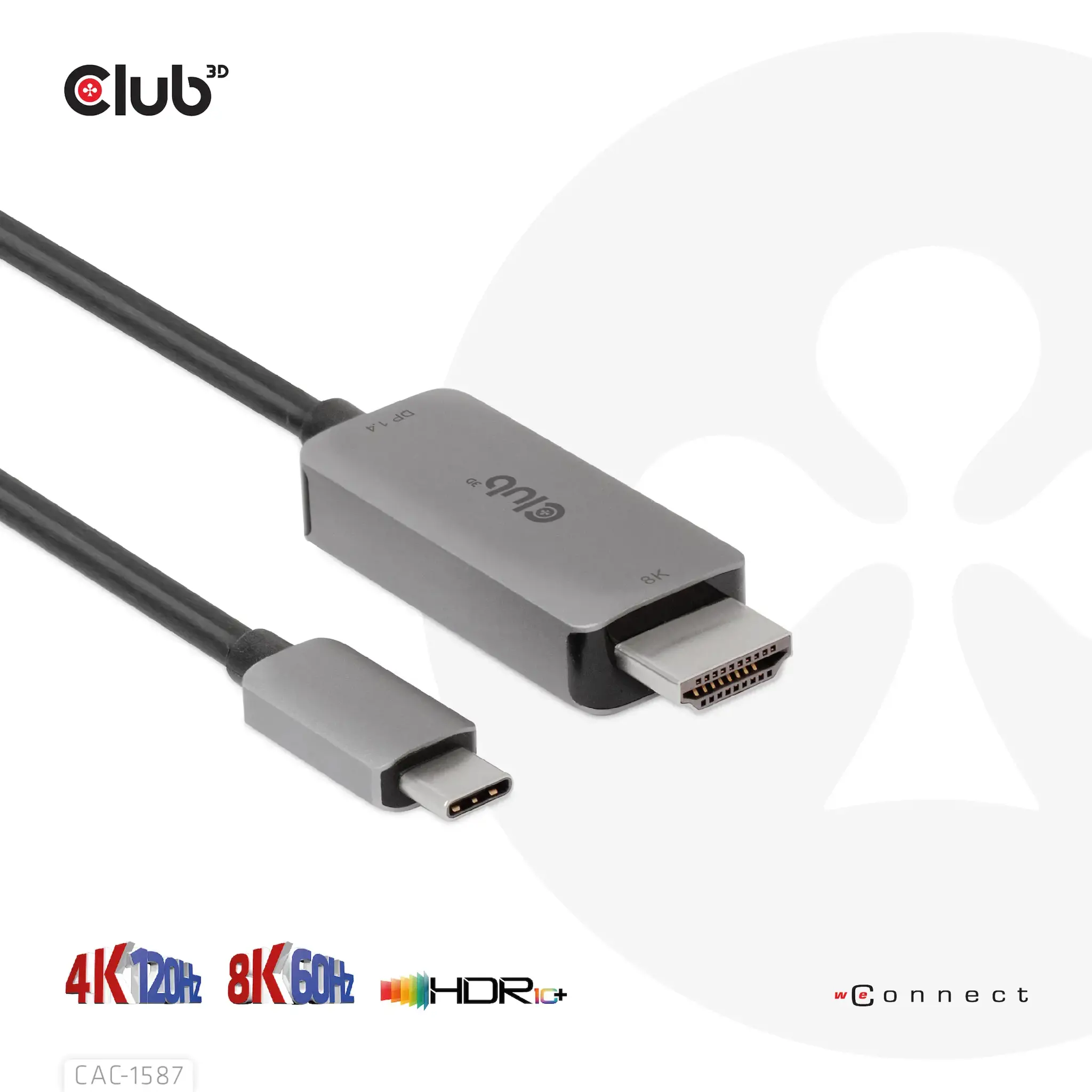 CLUB3D USB Gen2 Type-C to HDMI 4K120Hz 8K60Hz HDR10 with DSC1.2 Active Cable M/M 3m / 9.84ft, USB Gen2 Type-C, HDMI Type A (Standard), 3 m, Black