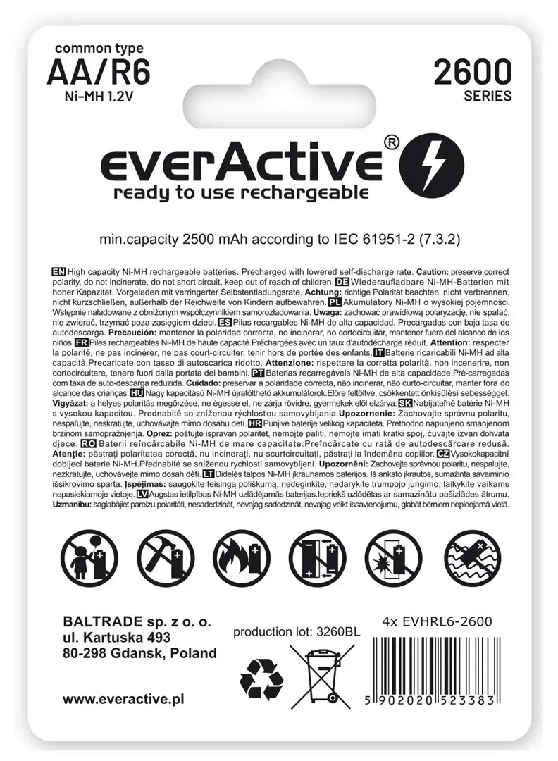 Įkraunamos baterijos everActive Ni-MH R6 AA 2600 mAh Professional Line