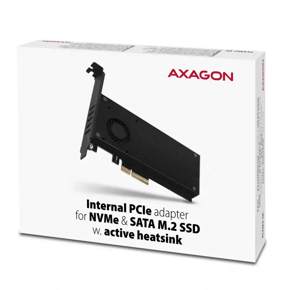 AXAGON PCEM2-DC PCI-E 3.0 4x - DUAL M.2 SSD (NVMe + SATA), dviguba įtampa, iki 110 mm SSD, ventiliatorius + radiatorius